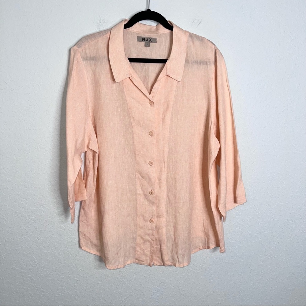 Flax Linen Top Women Large Shirt Lagen Button Up Long Sleeve Peach Orange B21